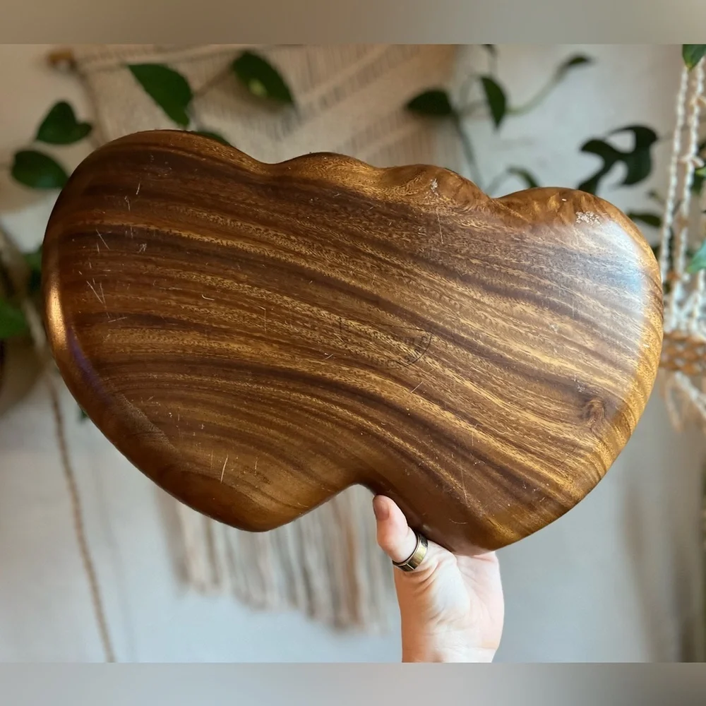 Vintage Monkeypod Double Heart Bowl Hand-Carved Wood Serving Tray MCM Dish Boho